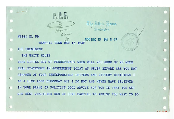 Telegram from H. S. Hughee to President Harry S. Truman