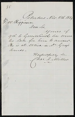 Charles D. Miller autograph note signed to Thomas Wentworth Higginson, Peterboro N.Y., 11 November 1859
