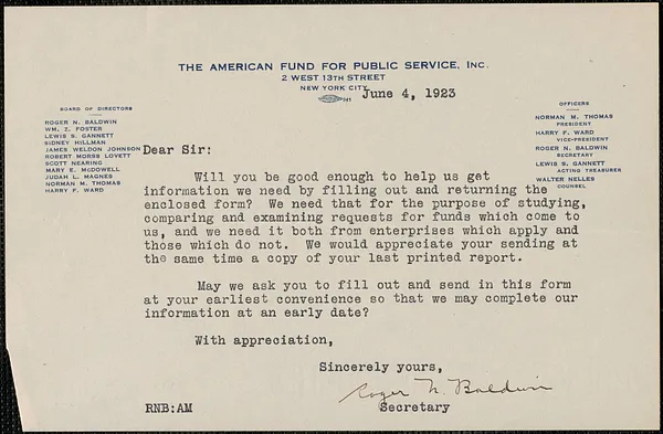 Roger N. Baldwin (The American Fund for Public Service, Inc.), circular letter signed to Dear Sir, New York, N.Y., June 4, 1923