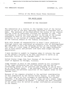 Statement by the President on Nomination of John Paul Stevens to the Supreme Court [Ford Speech or Statement]