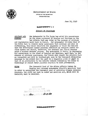 Memorandum, State Department Summary of Telegrams