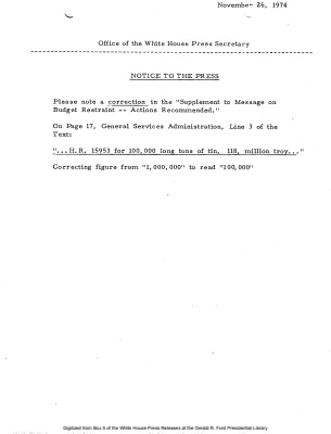 Correction in the Supplement to Message on Budget Restraint -- Actions Recommended [Notice to Press]