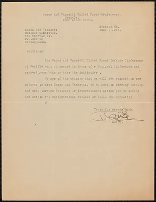 Sacco and Vanzetti United Front Conference typed note signed to Sacco-Vanzetti Defense Committee, Seattle, Wash., June 9, 1927