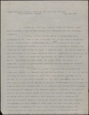 Citizens National Committee for Sacco and Vanzetti press release (copy), Boston, Mass., August 22, 1927