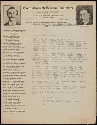 Sacco-Vanzetti Defense Committee typed letter (circular), Boston, Mass., February 14, 1924