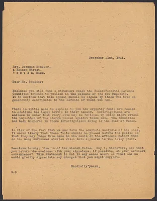 Sacco-Vanzetti Case Records, 1920-1928. Correspondence. Sacco-Vanzetti Defense Committee Correspondence to Rev. Doremus Scudder, December 21, 1921. Box 41, Folder 35, Harvard Law School Library, Historical & Special Collections