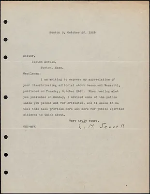C. H. Scovell typed letter signed (copy) to Editor, The Boston Herald, Boston, Mass., October 28, 1926