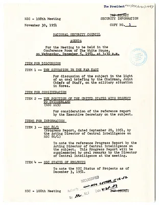 Agenda for the One Hundred and Eighth Meeting of the National Security Council