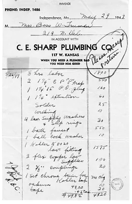 Bill from C. E. Sharp Plumbing for Bess W. Truman