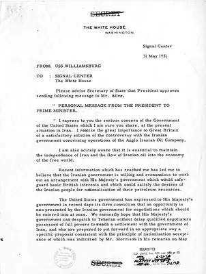 Message from President Harry S. Truman to Secretary of State Dean Acheson