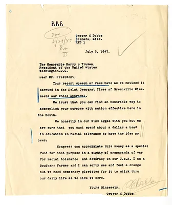Letter from Grover Dobbs to President Harry S. Truman