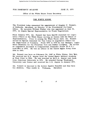 President Announces Appointment of Douglas P. Bennett as Director of the Presidential Personnel Office [Position Appointments and Resignations]