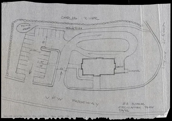 Circulation plan of parking lot at the corner of VFW Parkway and Spring Street, West Roxbury