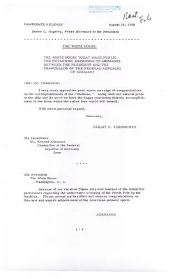 Press Release Regarding Communications Between German Chancellor Konrad Adenauer and President Dwight D. Eisenhower
