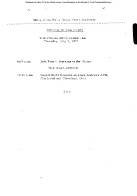 President's Schedule, Thursday, July 3, 1975