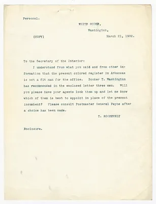 Copy of a Letter from President Theodore Roosevelt to Secretary of the Interior E. A. Hitchcock