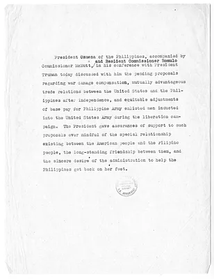Memorandum of Meeting with President Harry S. Truman, Paul McNutt, Sergio Osmena, and Carlos Romulo