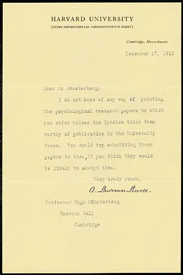 Lowell, A. Lawrence (Abbott Lawrence), 1856-1943 typed note signed to Hugo Münsterberg, Cambridge, Mass., 17 December 1915