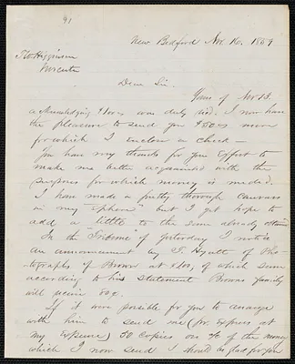 Henry B. Clarke autograph letter signed to Thomas Wentworth Higginson, New Bedford, 16 November 1859