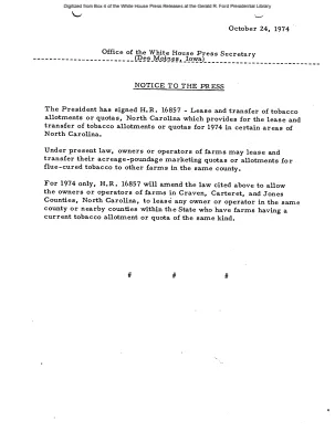 President Signs H.R. 16857, Lease and transfer of tobacco allotments or quotas, North Carolina [Signing Statements and Announcements]