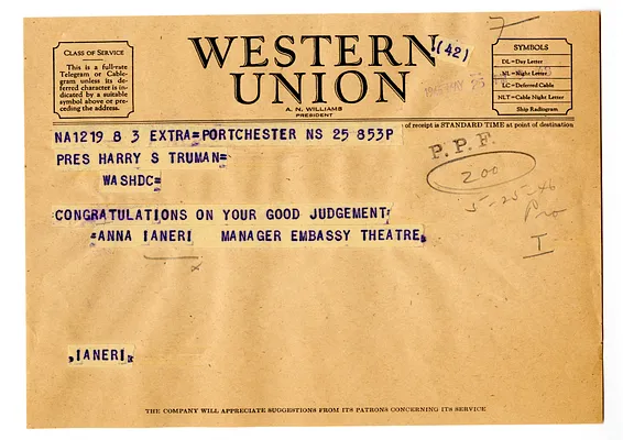 Telegram from Anna Ianeri to President Harry S. Truman
