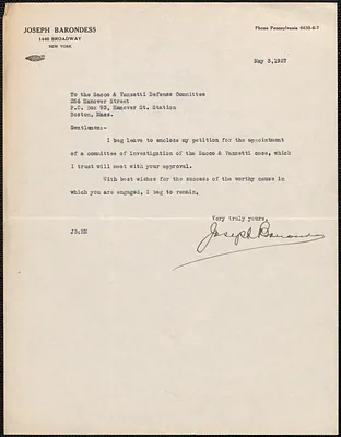 Joseph Barondess typed note signed to Sacco-Vanzetti Defense Committee, New York, N.Y., May 3, 1927