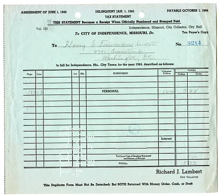 City of Independence, Missouri Personal Property Tax Receipt for Harry S. Truman