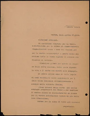 Amleto Fabbri typed letter (copy) in Italian, to Carissimi Compagni, Boston, Mass., April 27, 1926