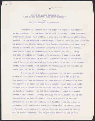 Herbert Brutus Ehrmann Papers, 1906-1970. Sacco-Vanzetti. Correspondence: Apr. 2, 1962 - Jan. 25, 1964. Box 11, Folder 6, Harvard Law School Library, Historical & Special Collections