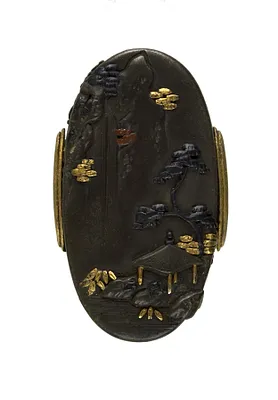 Kashira with a Thatched Hut and a Waterfall