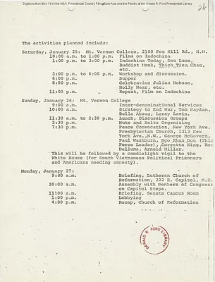 Memorandum for Henry Kissinger Regarding Anti-Vietnam Activities Scheduled for January 25-27, 1975