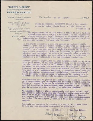 Alberto B. Verdosco and Amini Amery (Instituto Sarmiento) typed letter signed, in Spanish, to Dante and Ines Sacco, Cañada Verde, Mexico, August 27, 1927