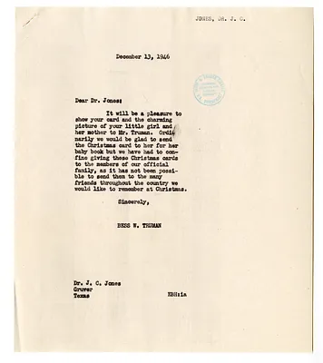 Correspondence Between Bess W. Truman and J. C. Jones
