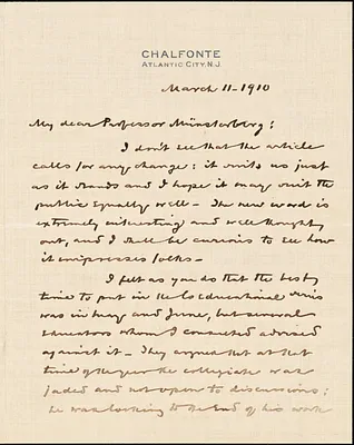 Bok, Edward William, 1863-1930 autograph letter signed to Hugo Münsterberg, Atlantic City, 11 March 1910