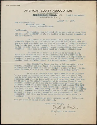Myrtle de Montis (American Equity Association) typed letter signed to Sacco-Vanzetti Defense Committee, Washington, D. C., August 26, 1927