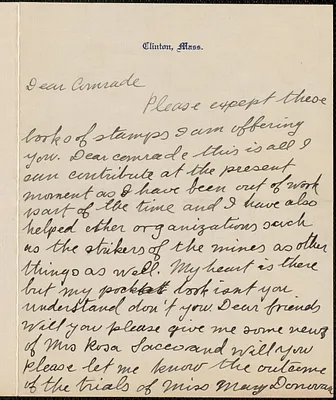 Mr. & Mrs. Emil Scharlaeken autograph letter signed to Sacco-Vanzetti Defense Committee, Clinton, Mass., [September 1927?]
