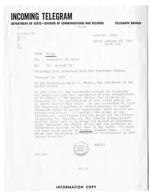 Telegram from Ambassador John Muccio to Secretary of State George Marshall