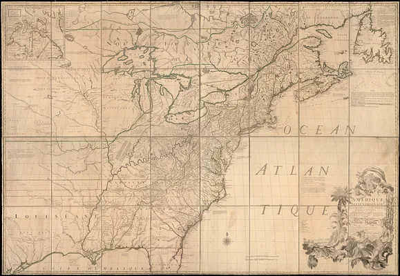 Amérique septentrionale avec les routes, distances en miles, villages, et etablissements François et Anglois