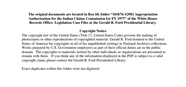 1976/10/08 S2981 Appropriation Authorization for the Indian Claims Commission for FY 1977