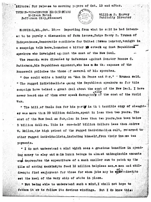 Press Release, Truman for Senator State Headquarters