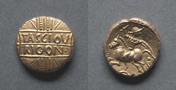 Tasciovanus Stater: Wreath (obverse); Horse and Armed Rider (reverse)