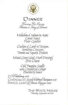 Cards-Menus, Dinner, Honoring His Majesty Hassan II, King of Morocco, The White House, September 26, 1991
