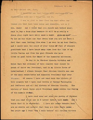 Nicola Sacco typed letter (copy) to Mrs. [Cerise] Jack, [Dedham], 12 February 1924