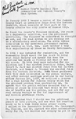 Speech by Judge Harry S. Truman, Kansas City's Regional Plan Association and Jackson County's Road System, to Club President's Round Table