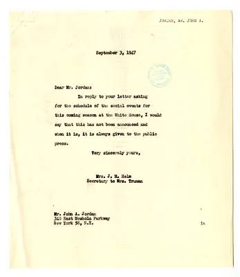 Letter from John A. Jordan to the White House Social Office with a Reply from Edith Helm