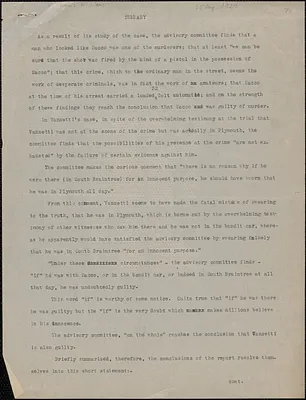 James D. Williams typed document, New York, N. Y., August 15, 1927: Summary