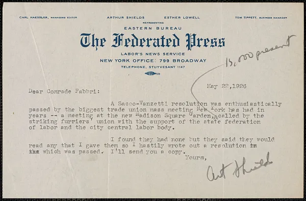 Art Shields (The Federated Press) typed letter signed to Amleto Fabbri, New York, N.Y., May 22, 1926
