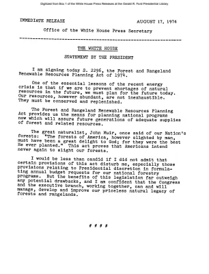President Signs S. 2296, the Forest and Rangeland Renewable Resources Planning Act of 1974 [Signing Statements and Announcements]
