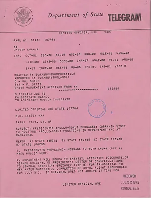 Telegram from Secretary of State Henry Kissinger to American Embassy in Moscow, Regarding President Gerald Ford's Apollo-Soyuz Messages