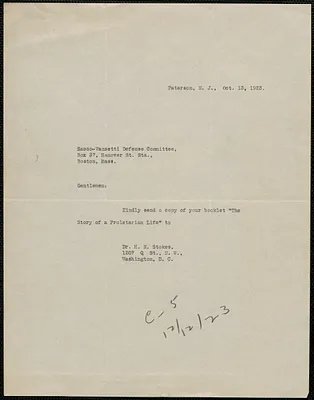 H. N. Stokes typed letter to Sacco-Vanzetti Defense Committee, Washington, D.C., October 13, 1923